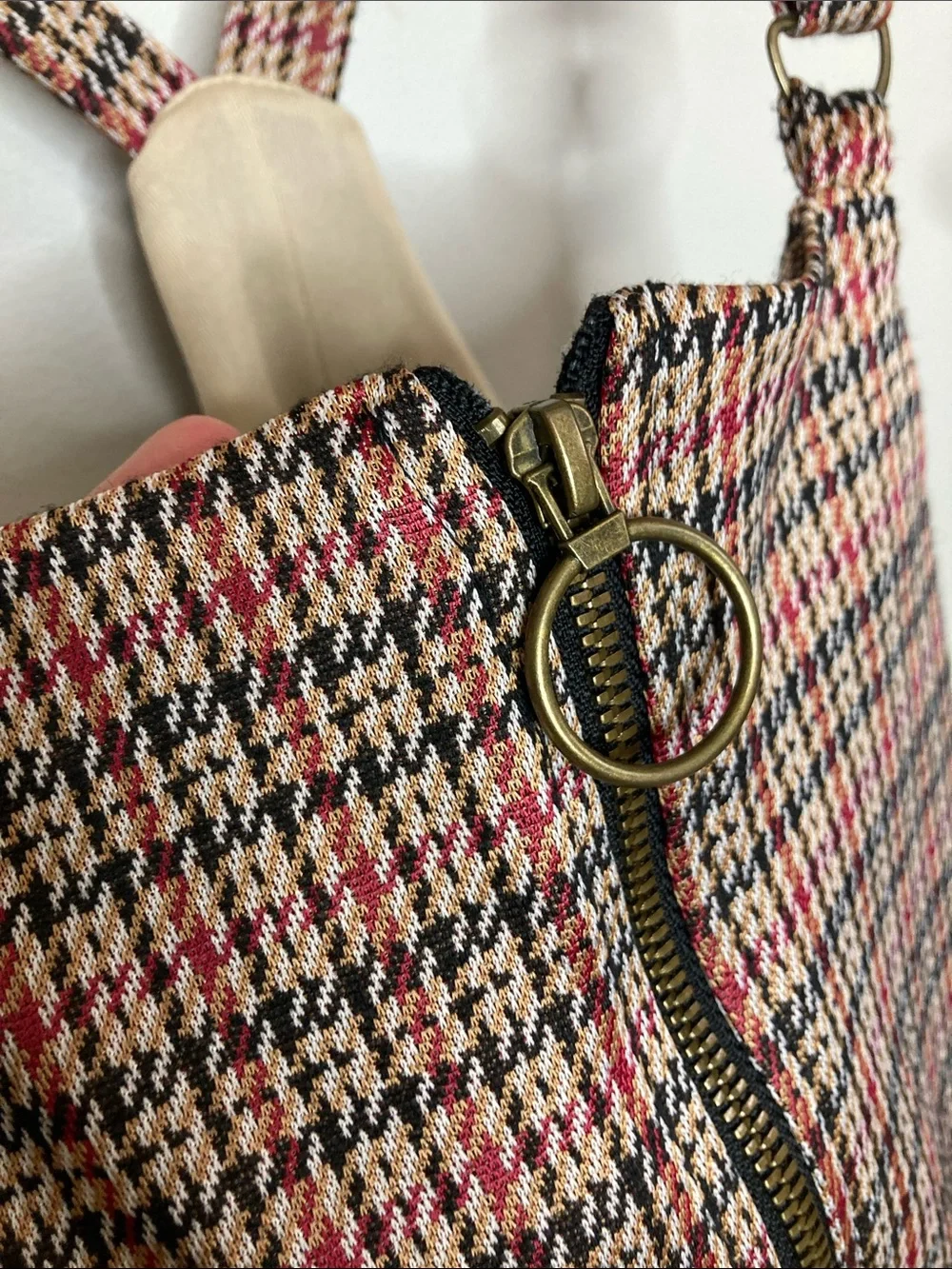 allison & kelly Plaid Pinafore Dress in Beige, Tan, Red, and Black, Size Large